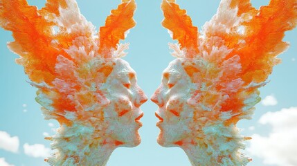 Mirrored Coral Figures Shaped Like Human Faces in Surreal Sky