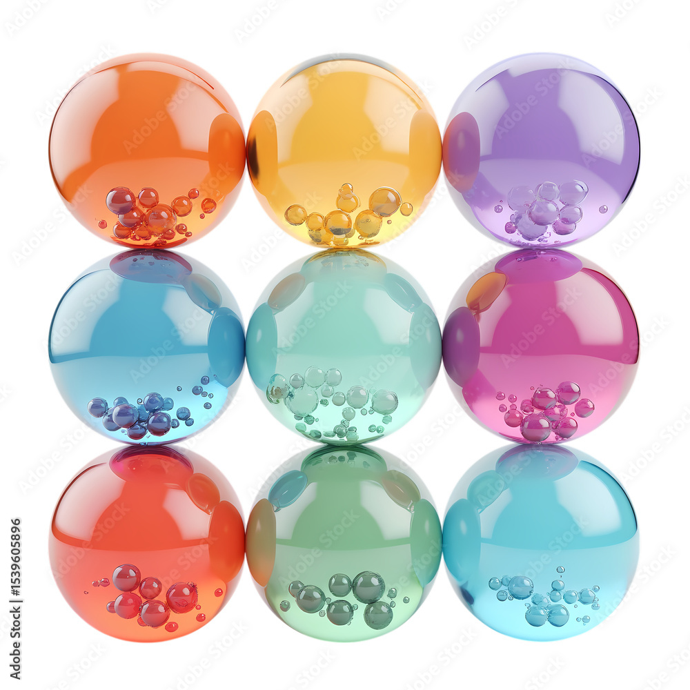 Fototapete nine colorful spheres with bubbles arranged in a square grid isolated on transparent background