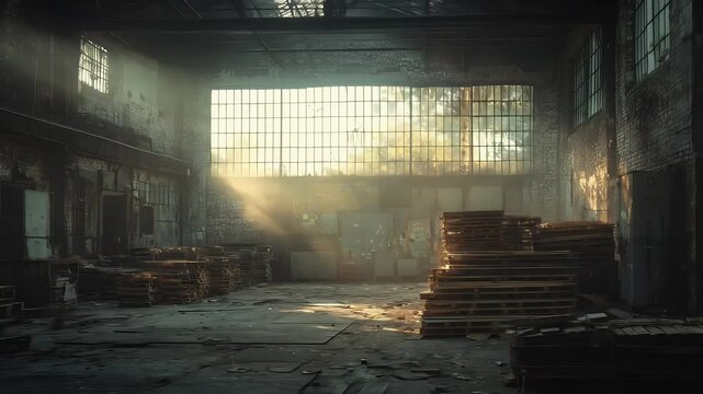 Sunlight Streaming Through Windows Illuminating Abandoned Grunge Warehouse Interior with Pallets and Textured Walls Creating a Desolate Atmosphere