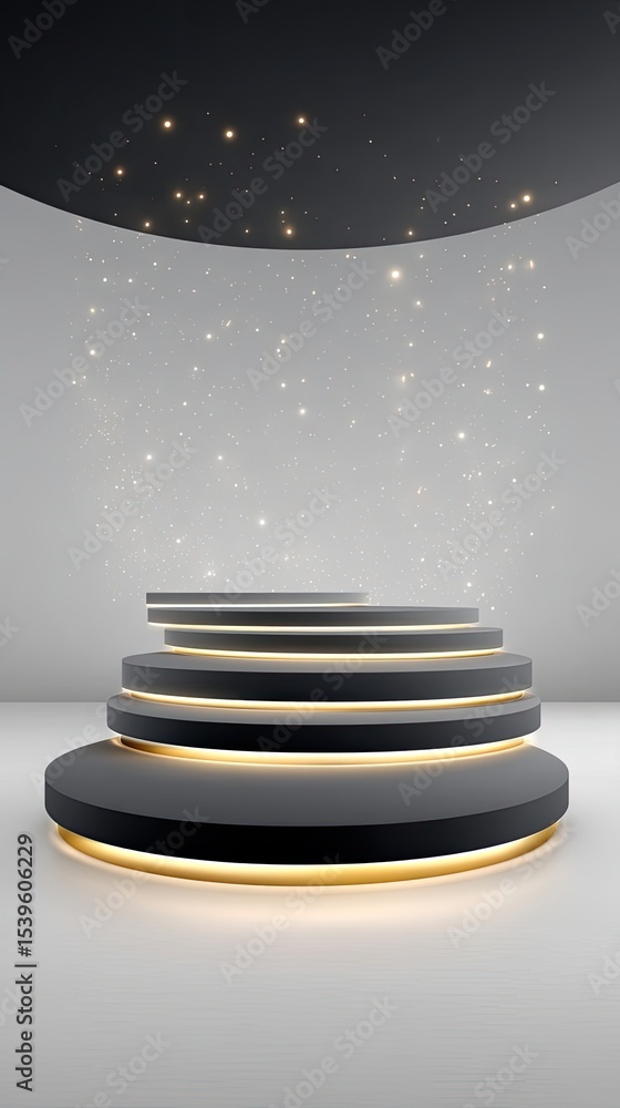 Poster abstract 3d rendering of black and gold glossy platform with sparkles