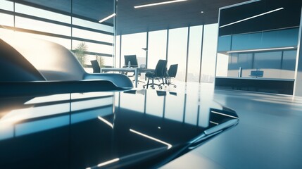 Futuristic office space with sleek furniture and panoramic windows