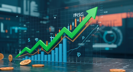 3D graphic of a rising stock market graph with scattered coins, illustrating financial growth.