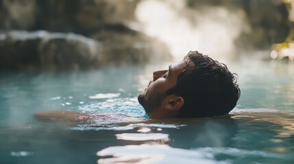 Serene Man Reclining in Thermal Water, Relaxing with Eyes Closed, Peaceful Moment