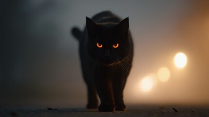 Black Cat with Glowing Eyes in Fog/霧の中の輝く目の黒猫5