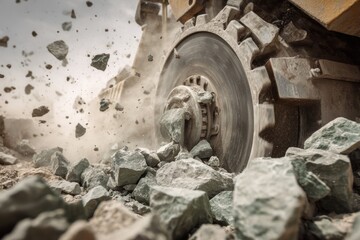 Heavy machinery crushing rocks outdoors