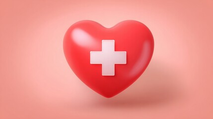 Fototapeta premium 3D red heart with white cross symbol representing healthcare, emergency aid, and medical support, isolated on white background as a cartoon vector for wellness and health-related concepts.