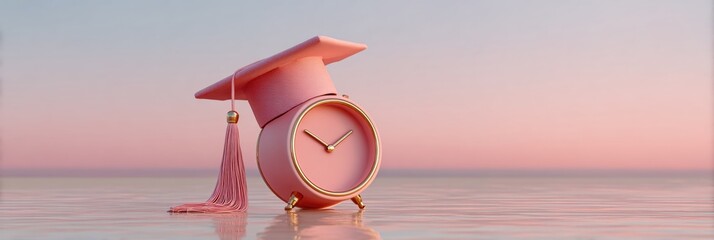 Team Green Britain Bike Week Sustainable Learning Concept with Graduation Cap on Alarm Clock, Soft Sunset Pastels - Summer Solstice and Back to School Season Branding