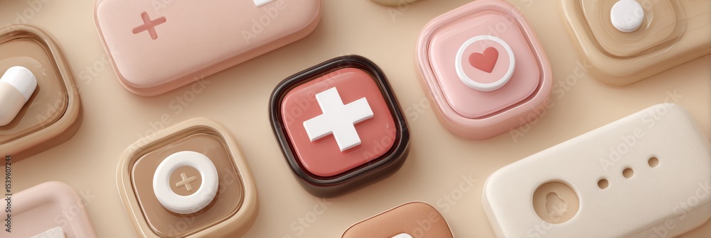 Poster soft clay user interface showcasing health icons with rounded corners and a warm color palette