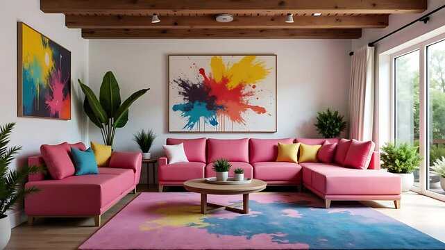Bright Pink Sectional Sofa Anchors Modern Living Room With Abstract Art and Natural Light, Adding a Pop of Color to a Stylish Interior Space.