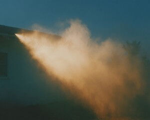 Obraz premium Powerful water spray cleaning exterior wall siding at sunset, highlighting home restoration and property renewal for modern maintenance and value enhancement