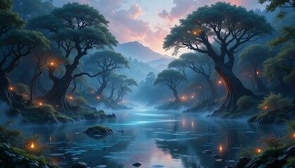 Fototapeta premium Fantasy Forest River Landscape at Sunset with Glowing Lanterns and Misty Mountains – Enchanted Nature Background for Wallpapers, Storybooks, and Digital Art Projects