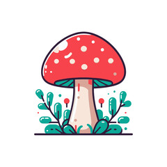 A vibrant red mushroom with white spots, surrounded by stylized greenery. Ideal for blogs/websites about nature, fantasy, fungi, forest themes, or children's content.

