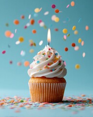 Vibrant birthday cupcake with lit candle and colorful confetti in modern celebration concept for festive social media and digital marketing content
