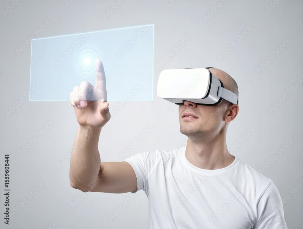Poster exploring virtual reality: a man wearing a vr headset interacts with a transparent virtual interface