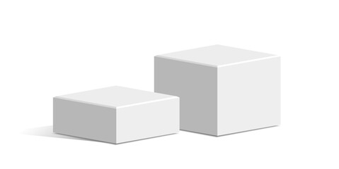 Two White cube block podium stage pedestal and platform vector, a minimalist display element. Ideal for product showcases, presentations, awards, exhibitions, and modern design.