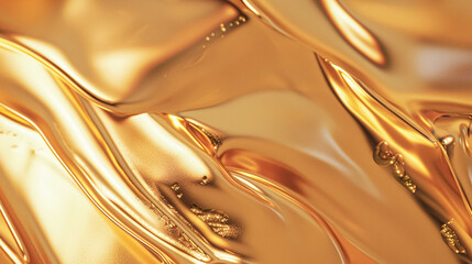 An exquisite close-up of luxurious golden cream or cosmetic liquid, showcasing shimmering textures and elegant swirled patterns, ideal for beauty or abstract themes.