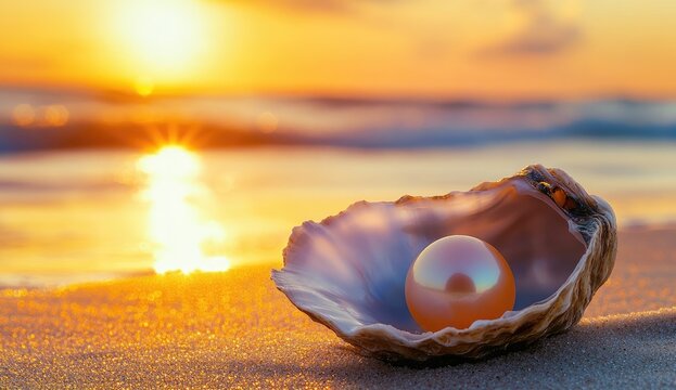 Pearl nestled in seashell at sunrise (2)
