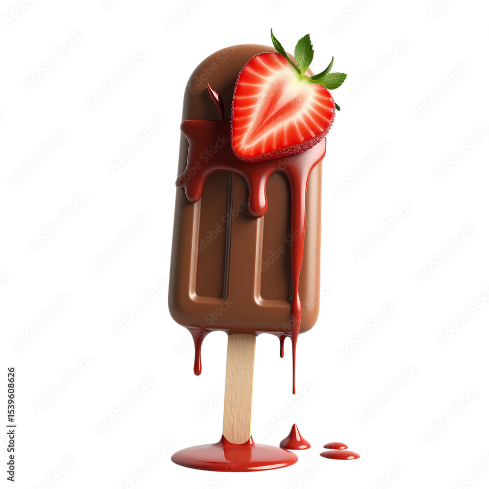 Poster chocolate popsicle with strawberry and dripping red glaze isolated on transparent background