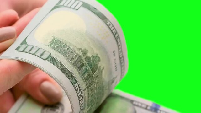 4K Video of Human Hands Counting Cash Notes on Solid Green Screen Background - Financial Stock Footage for Business Projects