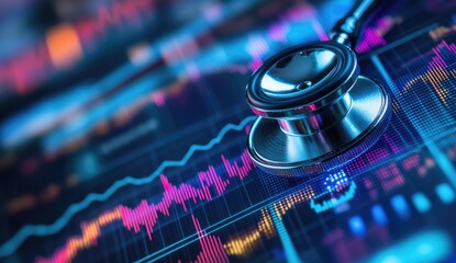 Stethoscope on a glowing financial data screen