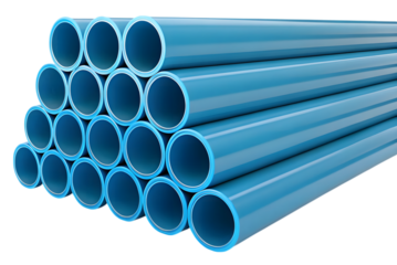 3d blue PVC pipe stack isolated on transparent PNG.
