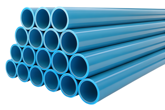 3d blue PVC pipe stack isolated on transparent PNG.