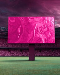 Vibrant Pink Abstract Billboard on Stadium Scoreboard with Crowd During Sports Event for High-Impact Event Advertising and Digital Marketing