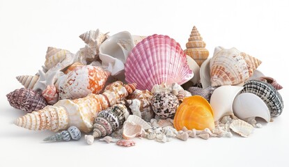 Pile of colorful seashells on white background (1)