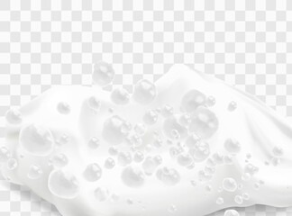 Beer foam isolated on transparent background. White soap froth texture with bubbles, seamless border, foamy frame. Sea or ocean wave, laundry cleaning detergent spume, realistic 3d vector illustration