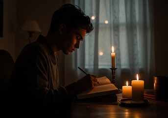 Focused Student by Candlelight Studying Late into the Night Writing
