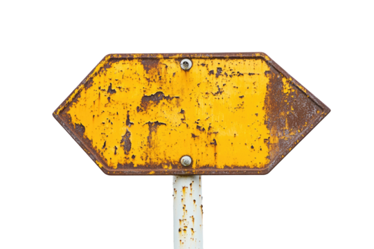 Rusty Yellow Arrow Road Sign isolated on transparent white background, clipping path