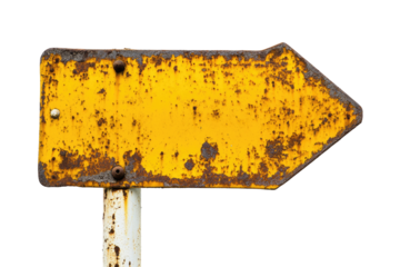 Rusty Yellow Arrow Road Sign isolated on transparent white background, clipping path