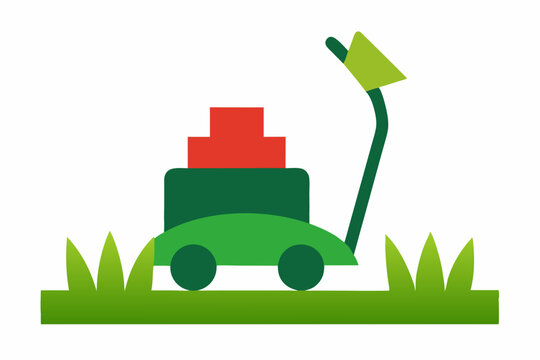 Green lawn mower with red boxes icon illustration