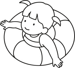 Drawing a girl who swims on a tube for coloring