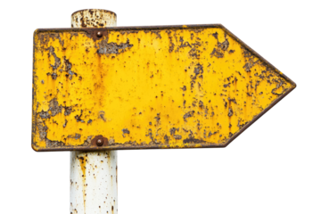 Rusty Yellow Arrow Road Sign isolated on transparent white background, clipping path