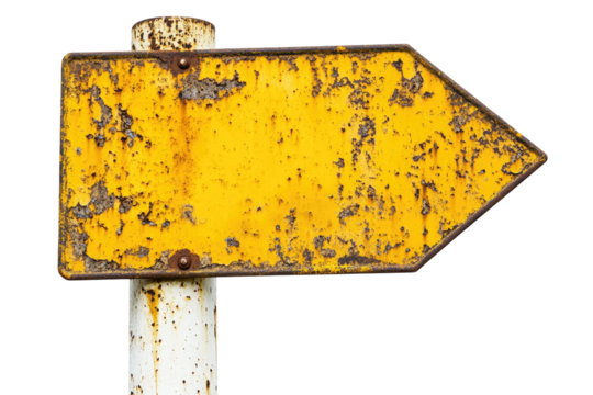 Rusty Yellow Arrow Road Sign isolated on transparent white background, clipping path - Powered by Adobe