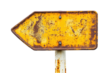 Rusty Yellow Arrow Road Sign isolated on transparent white background, clipping path