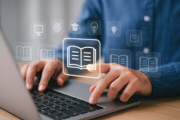 Digital Learning & E-Books, Person Typing on Laptop with Overlayed Icons for Online Education, Study, and Knowledge Acquisition
