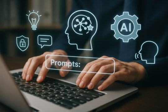 Person Typing on Laptop with Digital Icons for Artificial Intelligence, Innovation, Security, and Communication Prompts