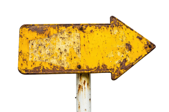 Rusty Yellow Arrow Road Sign isolated on transparent white background, clipping path