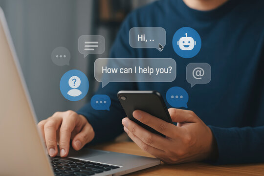 Person Using Laptop & Smartphone Interacting with AI Assistant, Receiving Digital Support and Help Online