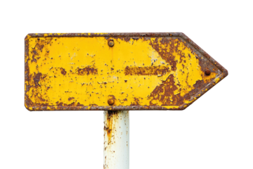 Rusty Yellow Arrow Road Sign isolated on transparent white background, clipping path