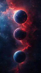 Three planets aligned vertically in a nebula of vibrant red and blue cosmic clouds