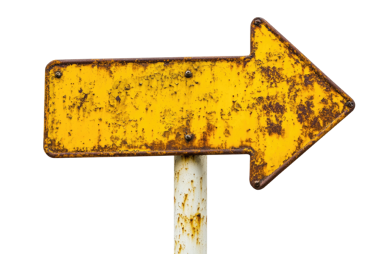 Rusty Yellow Arrow Road Sign isolated on transparent white background, clipping path