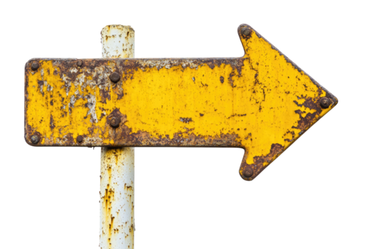 Rusty Yellow Arrow Road Sign isolated on transparent white background, clipping path - Powered by Adobe