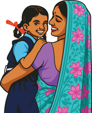  Rural happy mother and school girl vector illustration