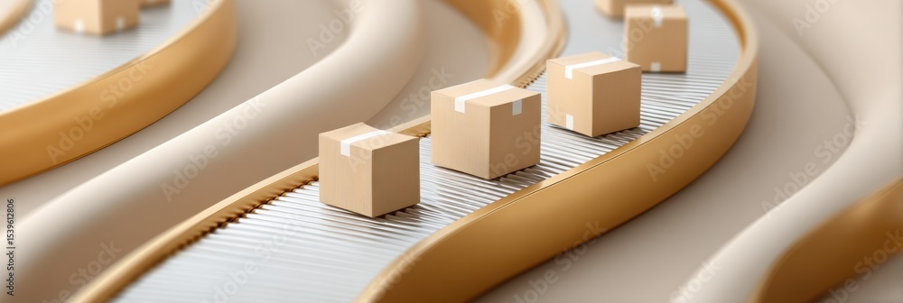 Poster luxurious automated conveyor system with cardboard packages in a high-tech warehouse showcasing stre