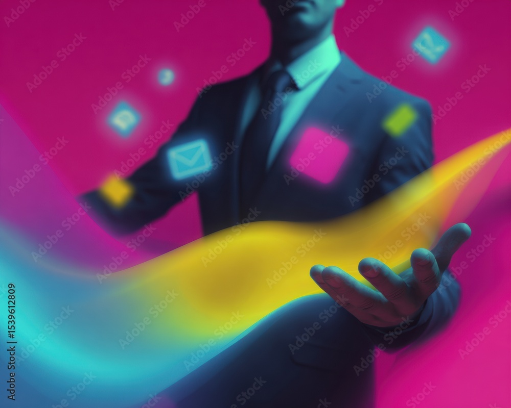 Poster futuristic it support businessman with floating digital icons and vibrant glowing tech elements for 
