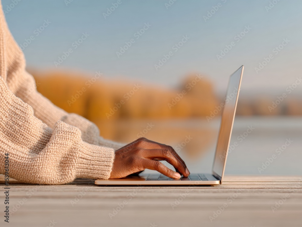 Poster modern remote work concept with black professional typing on laptop at lakeside dock surrounded by a