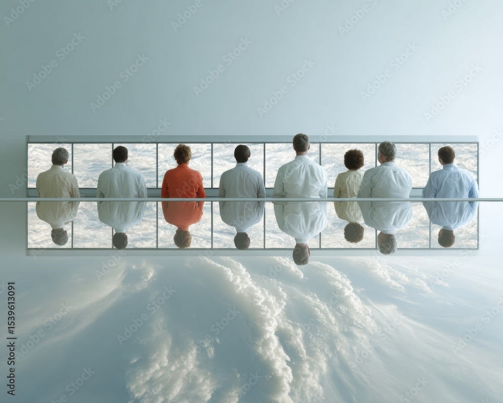 Poster collaborative weather satellite team in minimalist control room with reflective surfaces and overcas